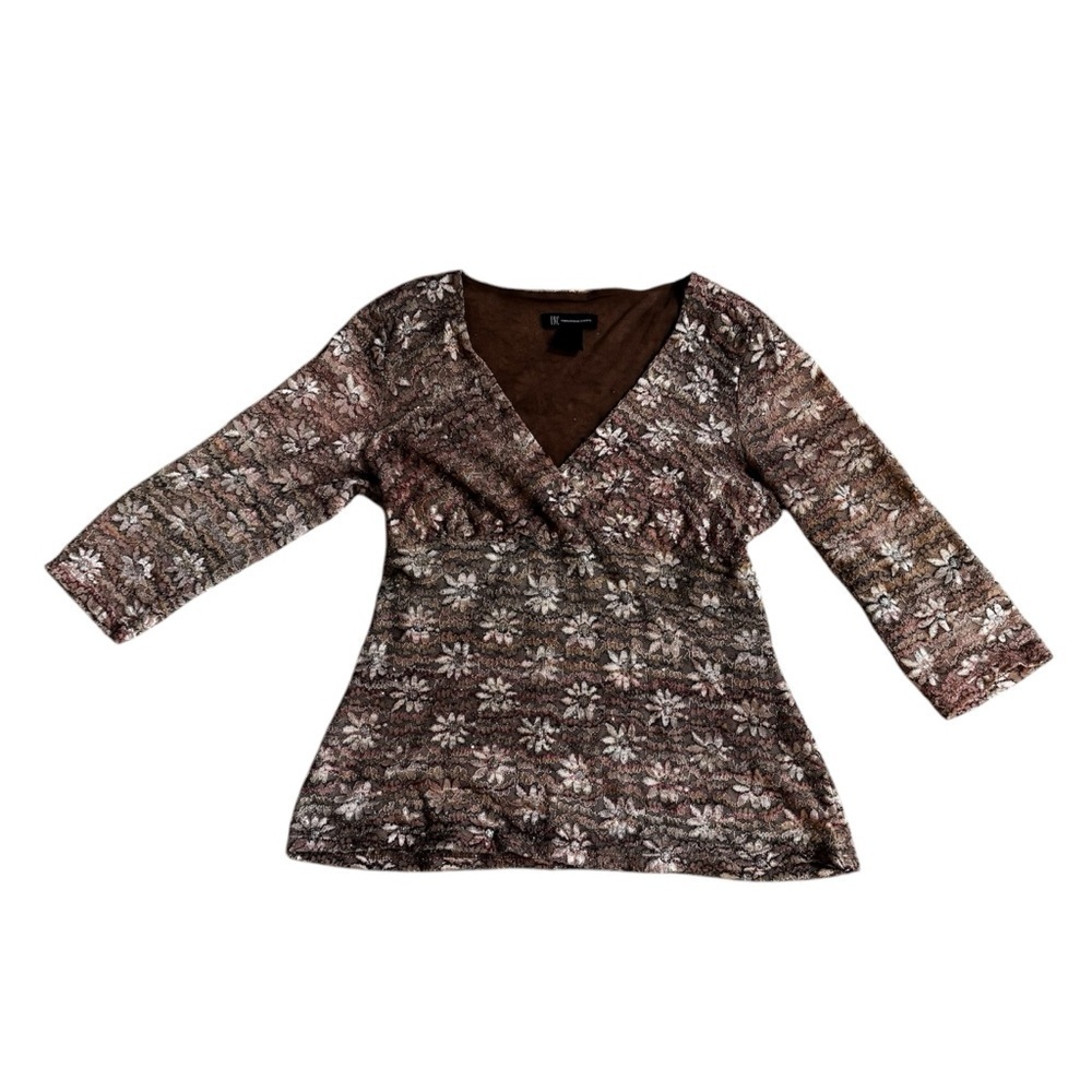 INC International Concepts floral V-Neck blouse, cream silver gold, stretchy, L.